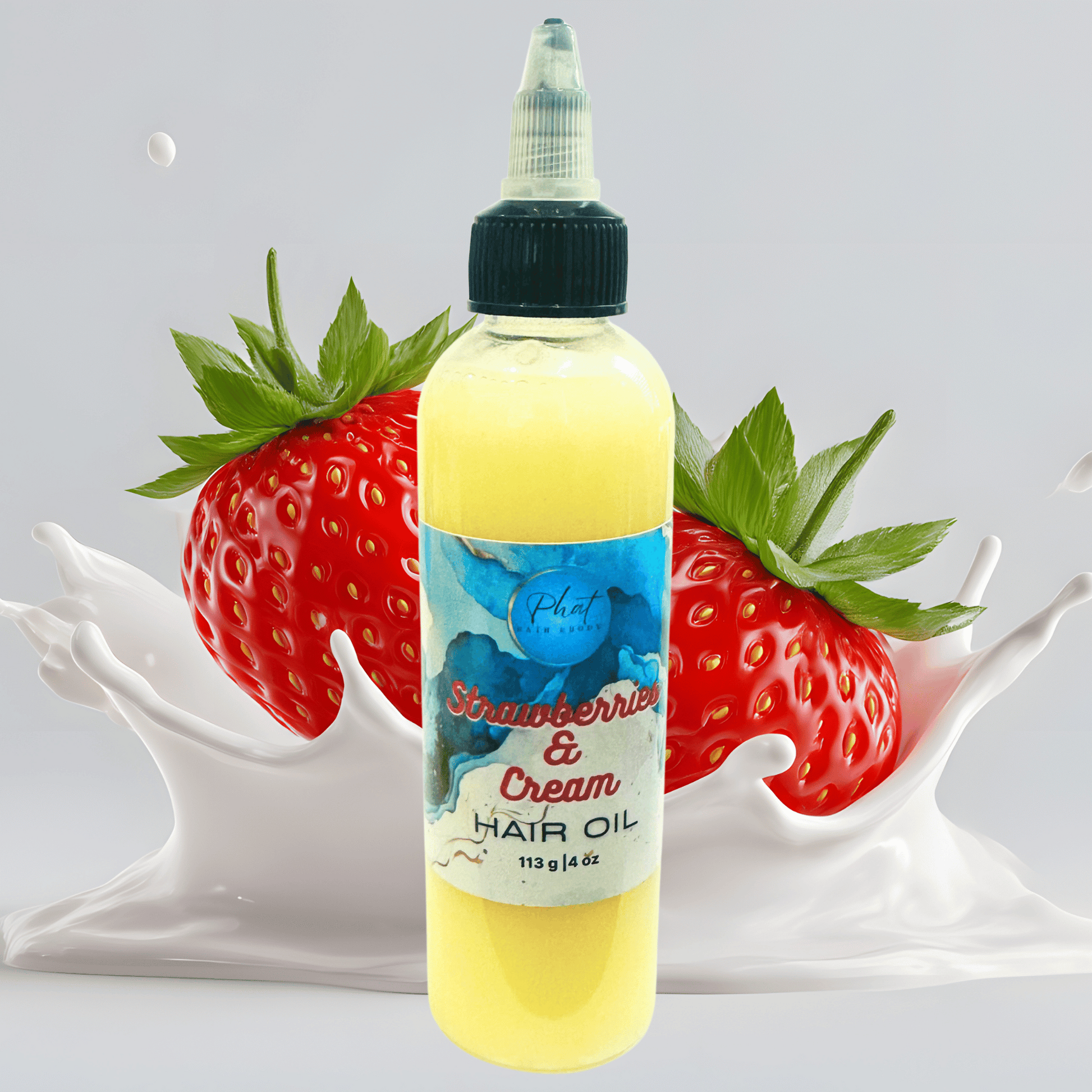 Bottle of 'Strawberries & Cream' hair oil with strawberries and cream splashes on a light gray background