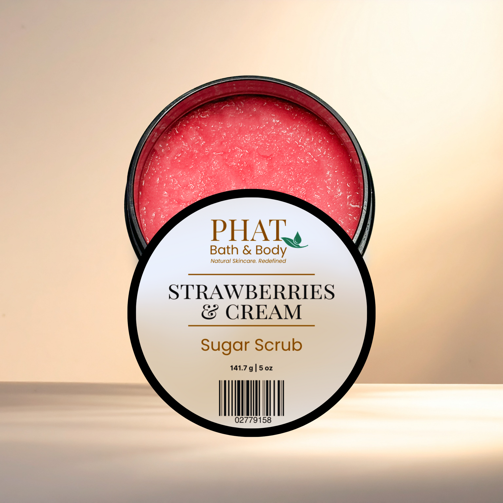 An open round tub of PHAT Bath & Body Strawberry & Cream Sugar Scrub, showing the pinkish-red scrub inside, with the front label facing forward on a warm beige background.