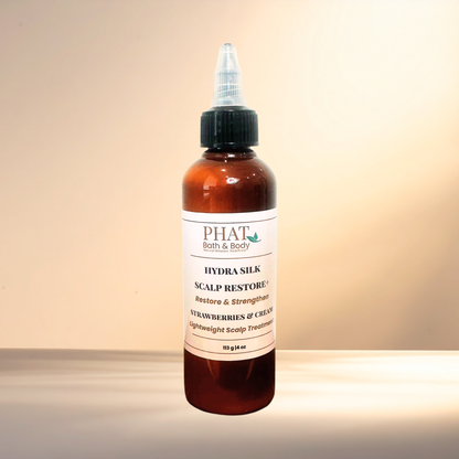 A bottle of PHAT Bath & Body Hydra Silk Scalp Restore+ scalp treatment cream, featuring an amber brown bottle, a black dropper cap, and a white label, set against a warm beige background.