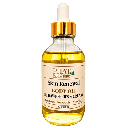 Phat Bath & Body Strawberries & Cream Skin Renewal Body Oil, 3.5 oz golden body oil in a clear glass dropper bottle with a gold cap and cream label.