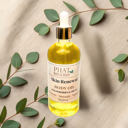 Bottle of PHAT Skin Renewal Body Oil with eucalyptus leaves on a beige fabric background