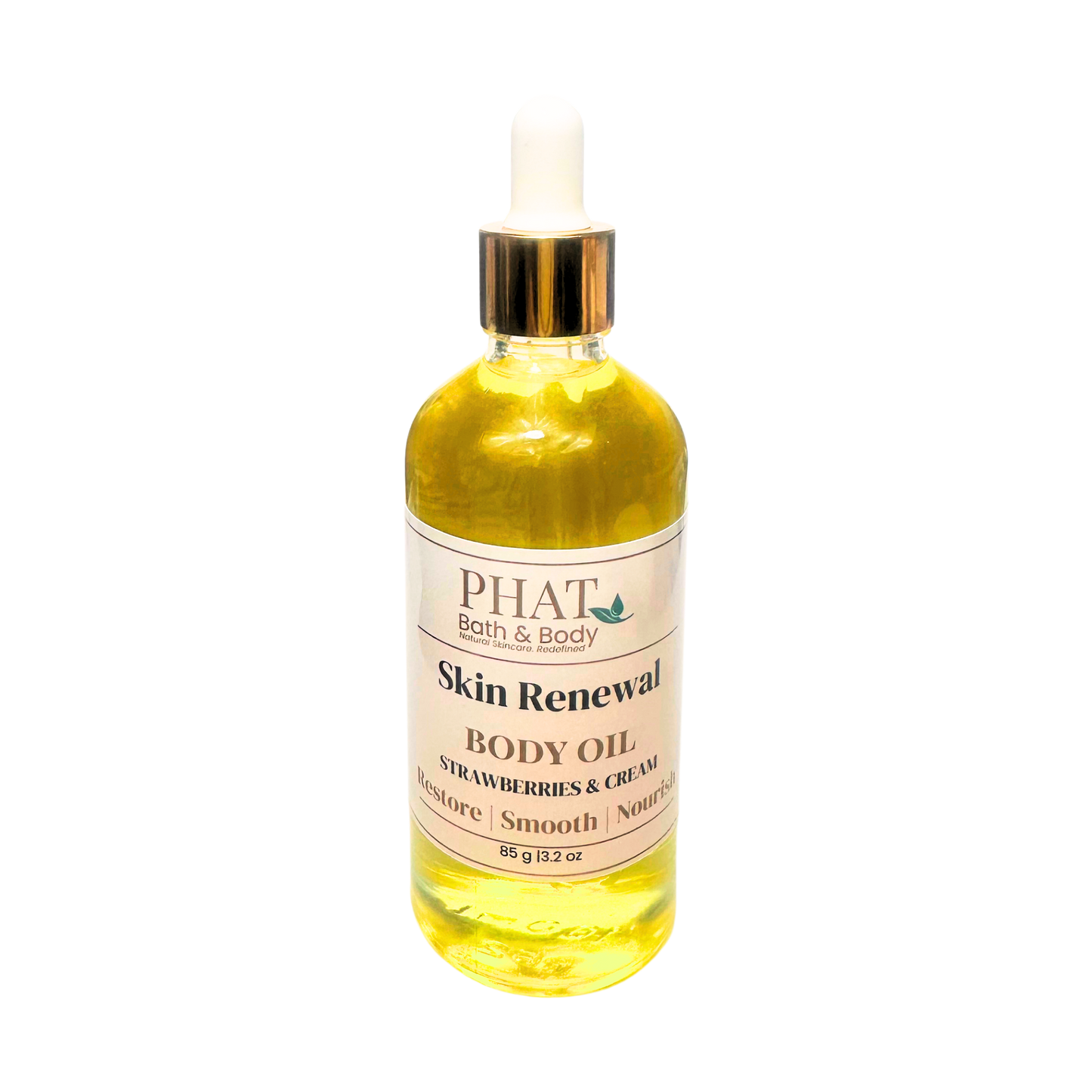 Bottle of Phat Bath & Body Skin Renewal Body Oil on a white background
