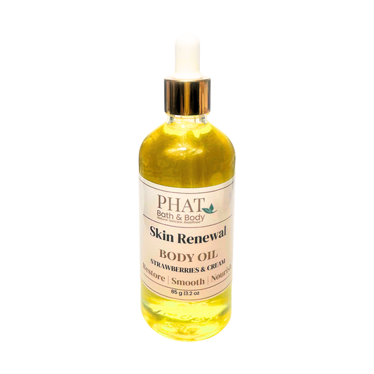 Bottle of Phat Bath & Body Skin Renewal Body Oil on a white background