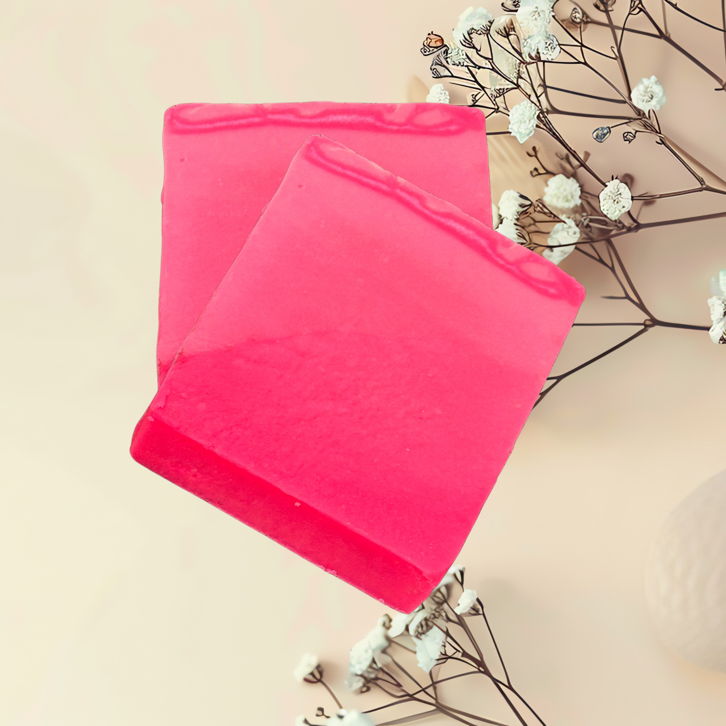 Pink soap on a beige background with white flowers and branches.