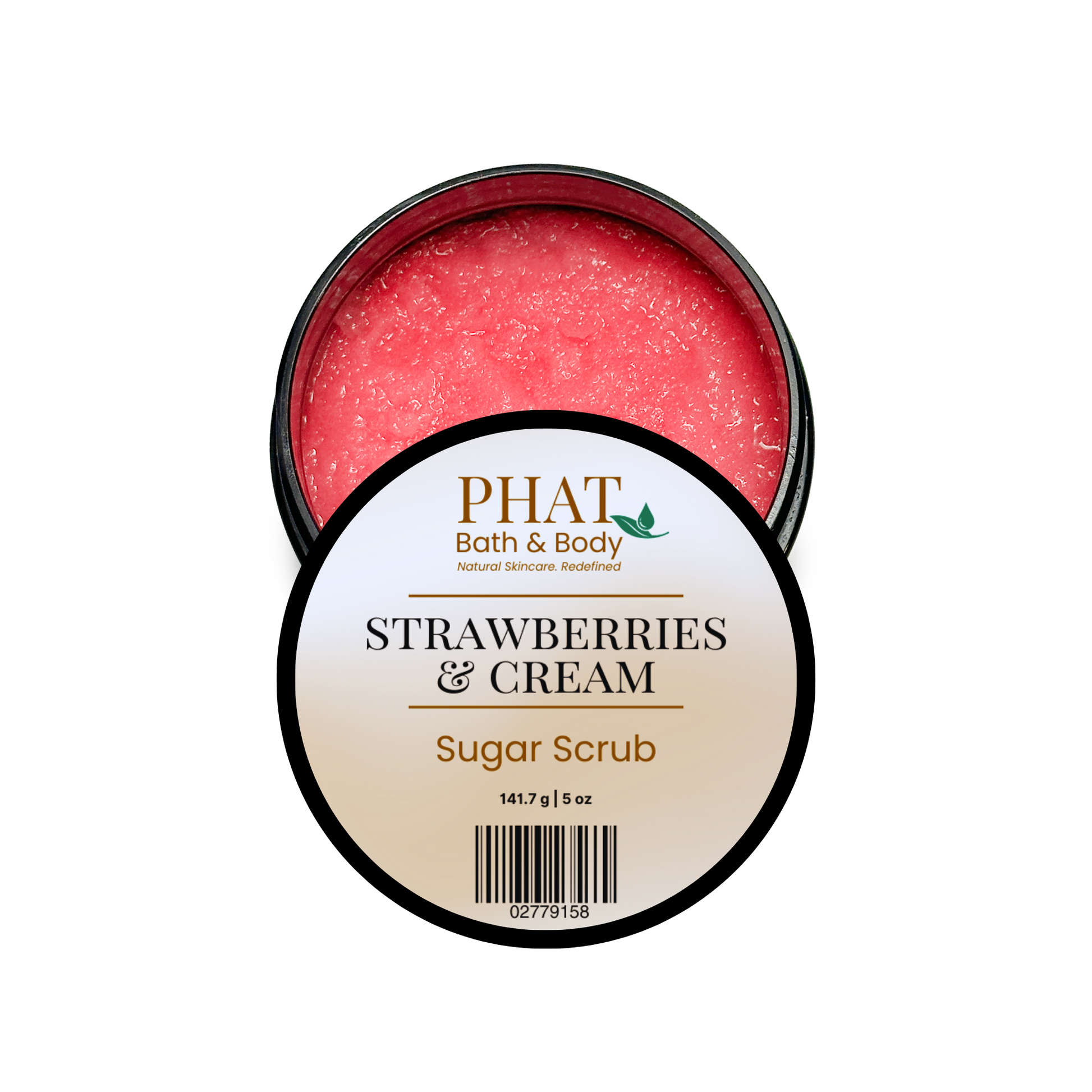 An open round tin of PHAT Bath & Body Strawberry & Cream Sugar Scrub, showing the pinkish-red scrub inside, with the white and gold label facing forward on a plain white background.