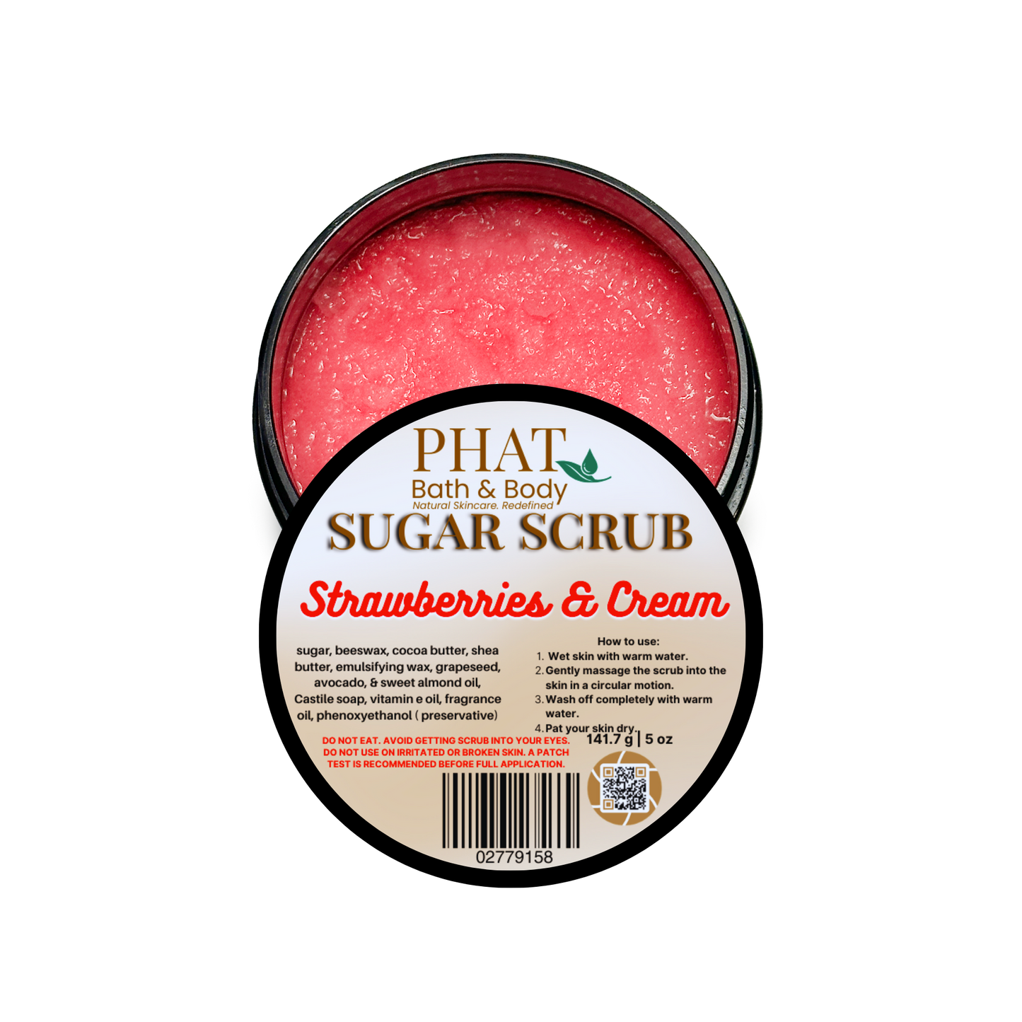 Jar of sugar scrub labeled 'Strawberries & Cream' by Phat Bath & Body on a white background.