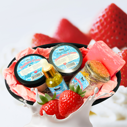 Assorted beauty products including jars, bottles, and a bar of soap with strawberries on a white background.
