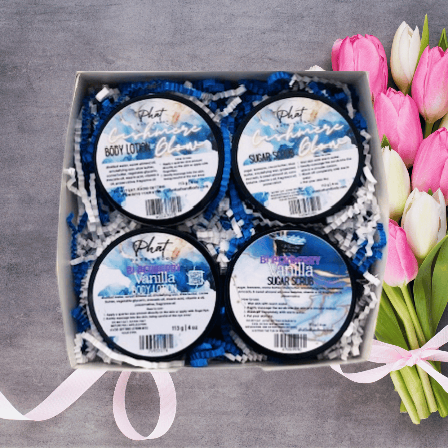 Sugar and Silk | Body Care Gift Duo 2 Body Lotion and 2 Sugar Scrubs in Assorted Scents with Terrycloth Headband