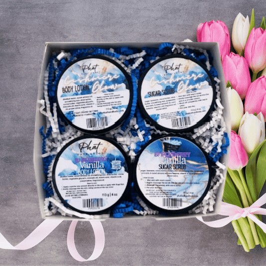 Sugar and Silk | Body Care Gift Duo 2 Body Lotion and 2 Sugar Scrubs in Assorted Scents with Terrycloth Headband