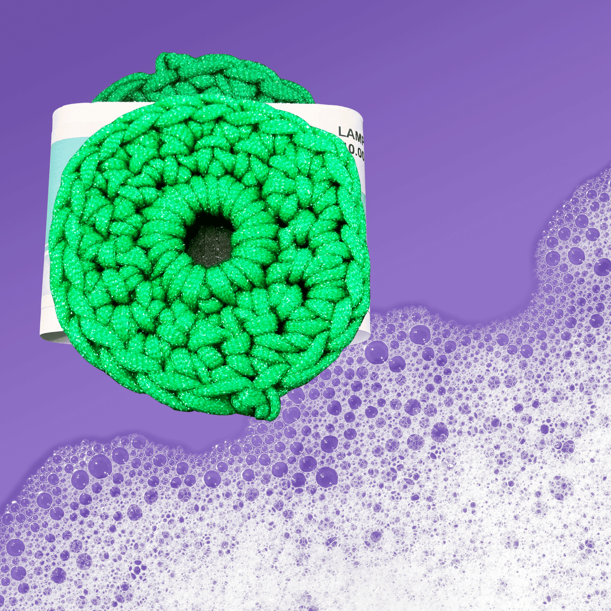 Green scrubbie with a purple background