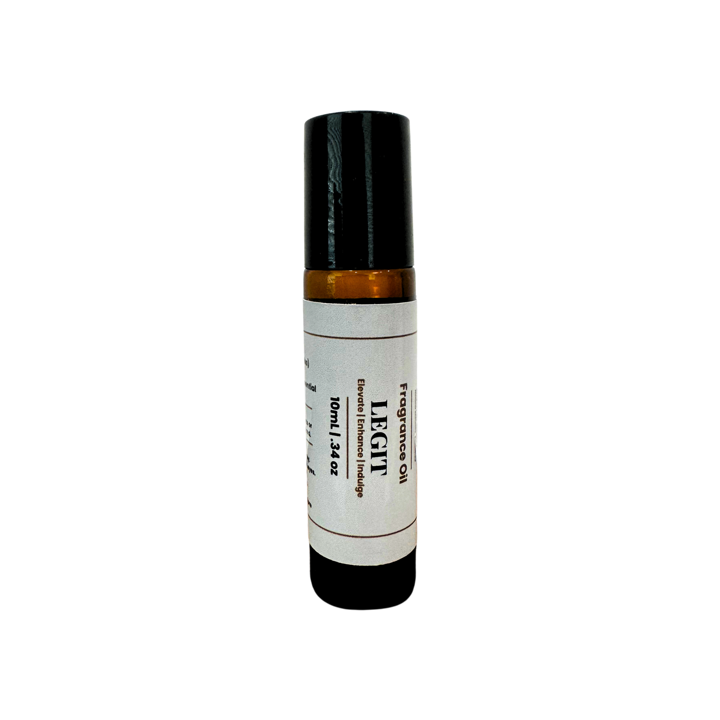 A 10ml amber glass roll-on bottle with a black cap and a white label reading 'LEGIT Fragrance Oil'.