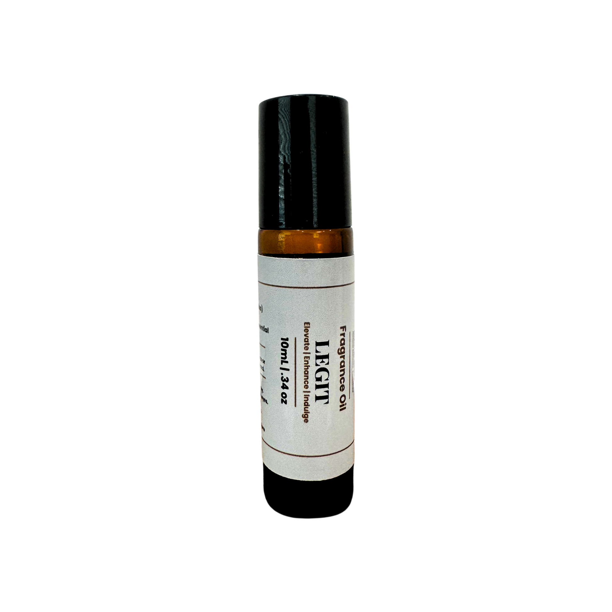 A 10ml amber glass roll-on bottle with a black cap and a white label reading 'LEGIT Fragrance Oil'.
