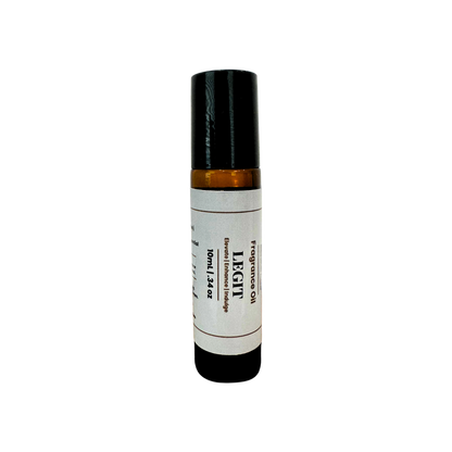 A 10ml amber glass roll-on bottle with a black cap and a white label reading 'LEGIT Fragrance Oil'.