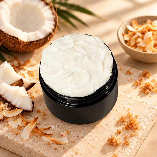 Open jar of Phat Bath & Body Toasted Coconut Body Lotion surrounded by coconut and toasted sugar inspired accents.