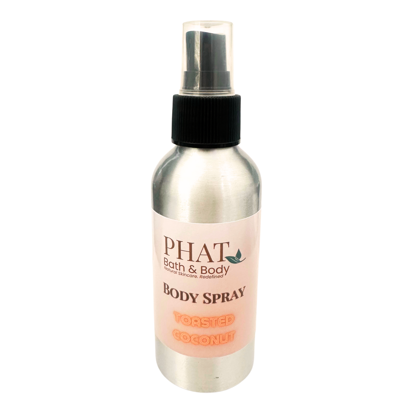 Body spray bottle with pink label on a white background