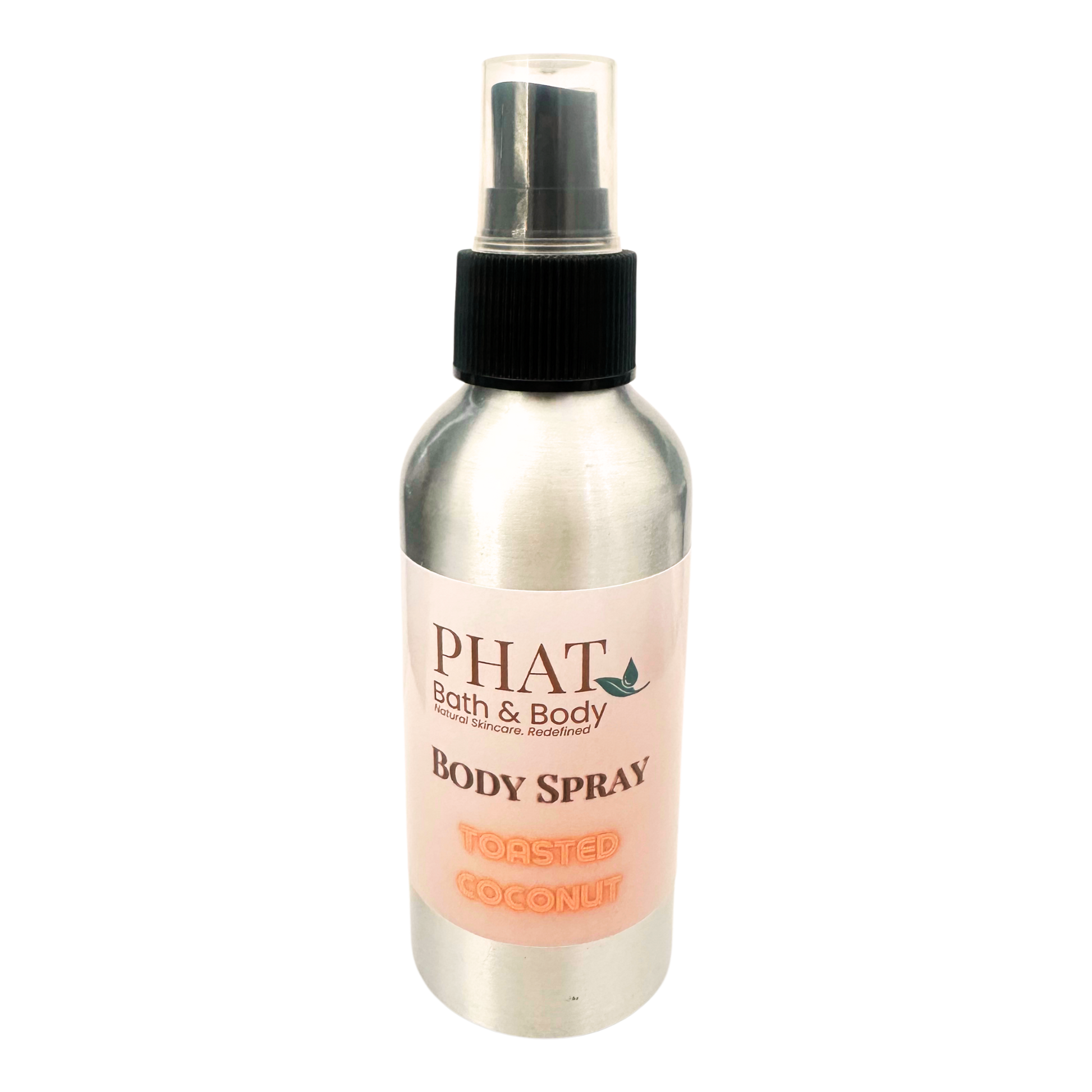 Body spray bottle with pink label on a white background