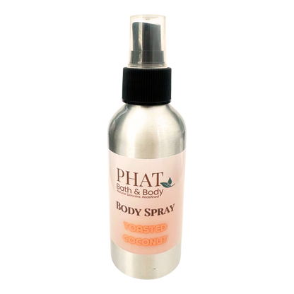 Body spray bottle with pink label on a white background