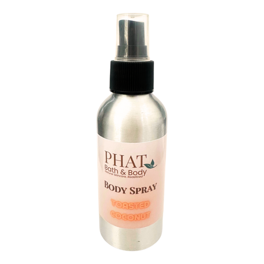 Body spray bottle with pink label on a white background