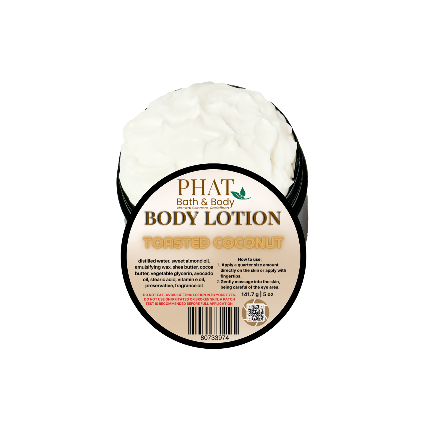 Body lotion container labeled 'Phat Bath & Body' with ' Toasted Coconut' on a white background