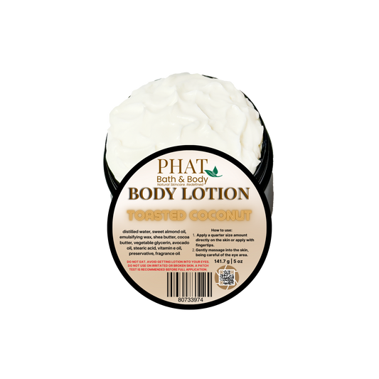 Body lotion container labeled 'Phat Bath & Body' with ' Toasted Coconut' on a white background