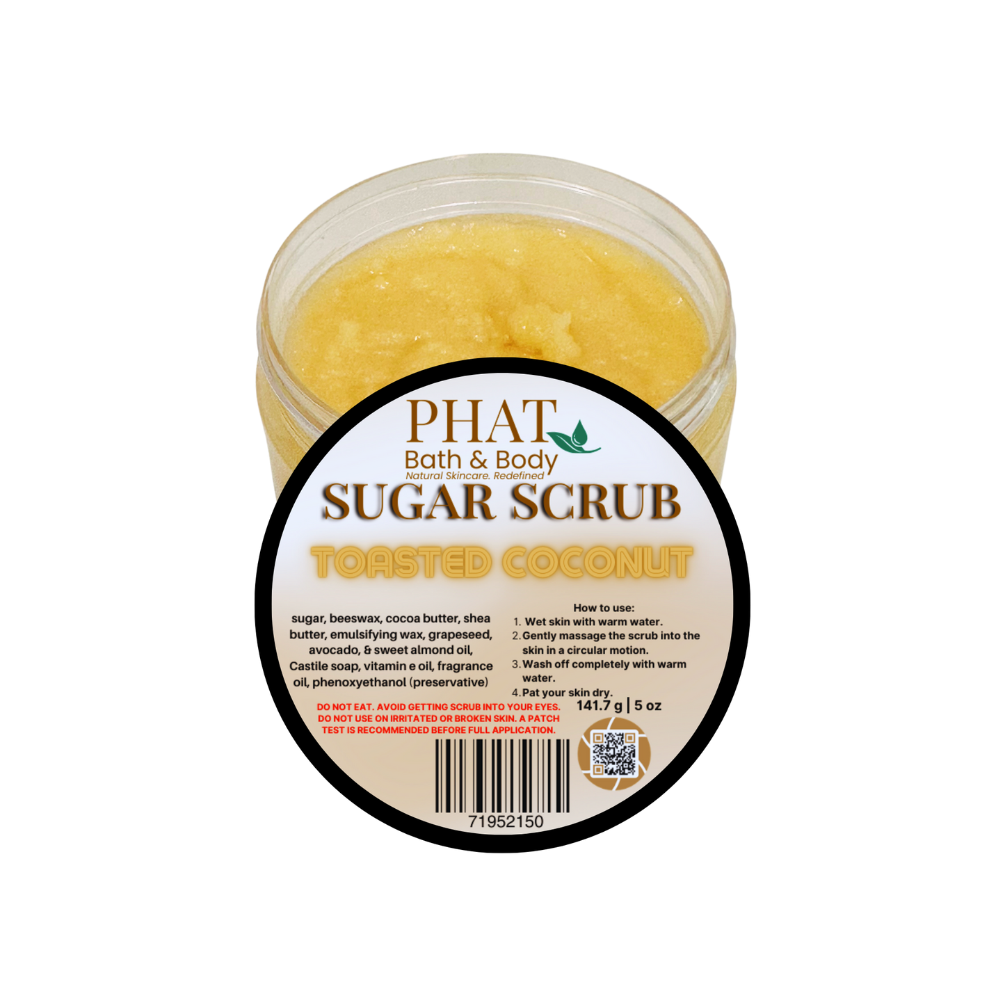Jar of Phat Bath & Body Toasted Coconut Sugar Scrub on a white background