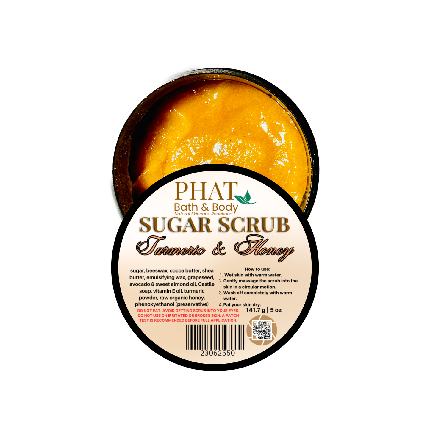 Jar of sugar scrub with a label on a white background