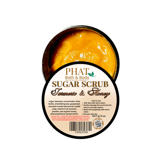 Jar of sugar scrub with a label on a white background