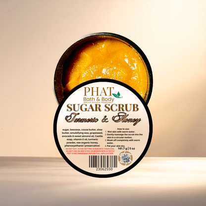 Jar of sugar scrub with a label on a beige background