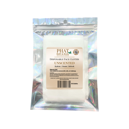 Pack of disposable face cloths with 'Phat Bath & Body' branding on a white background