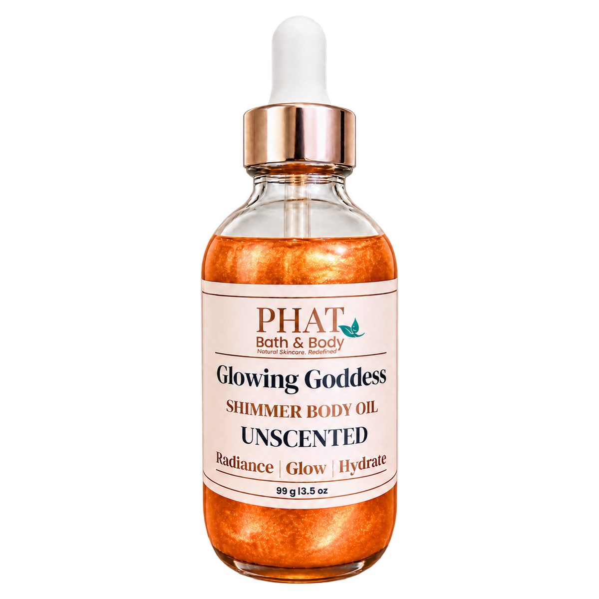 Phat Bath & Body Glowing Goddess Unscented Shimmer Body Oil, 3.5 oz glass dropper bottle with warm orange-gold shimmer.