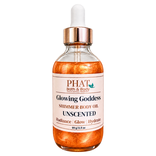 Phat Bath & Body Glowing Goddess Unscented Shimmer Body Oil, 3.5 oz glass dropper bottle with warm orange-gold shimmer.