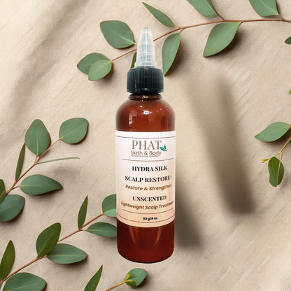 An amber bottle of PHAT (Bath & Body) Hydra Silk Scalp Restore Unscented scalp treatment, styled on a beige textured fabric background with green eucalyptus leaves.