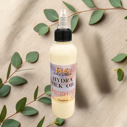 Bottle of Phat Bath & Body Hydra Silk Oil with green leaves on a beige fabric background