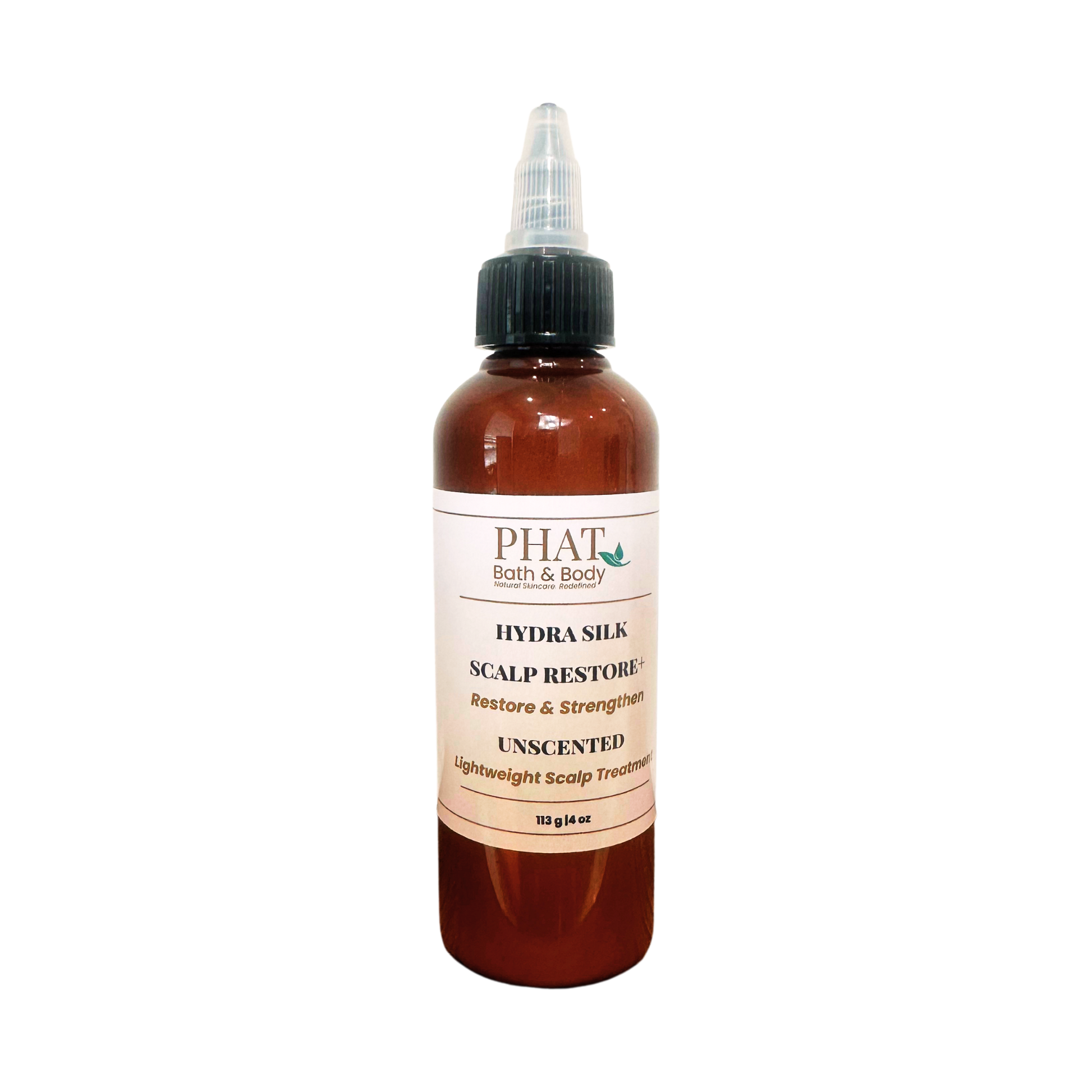 An amber bottle of PHAT Bath & Body Hydra Silk Scalp Restore Unscented scalp treatment with a black dropper cap and a beige label, shown on a plain white background.