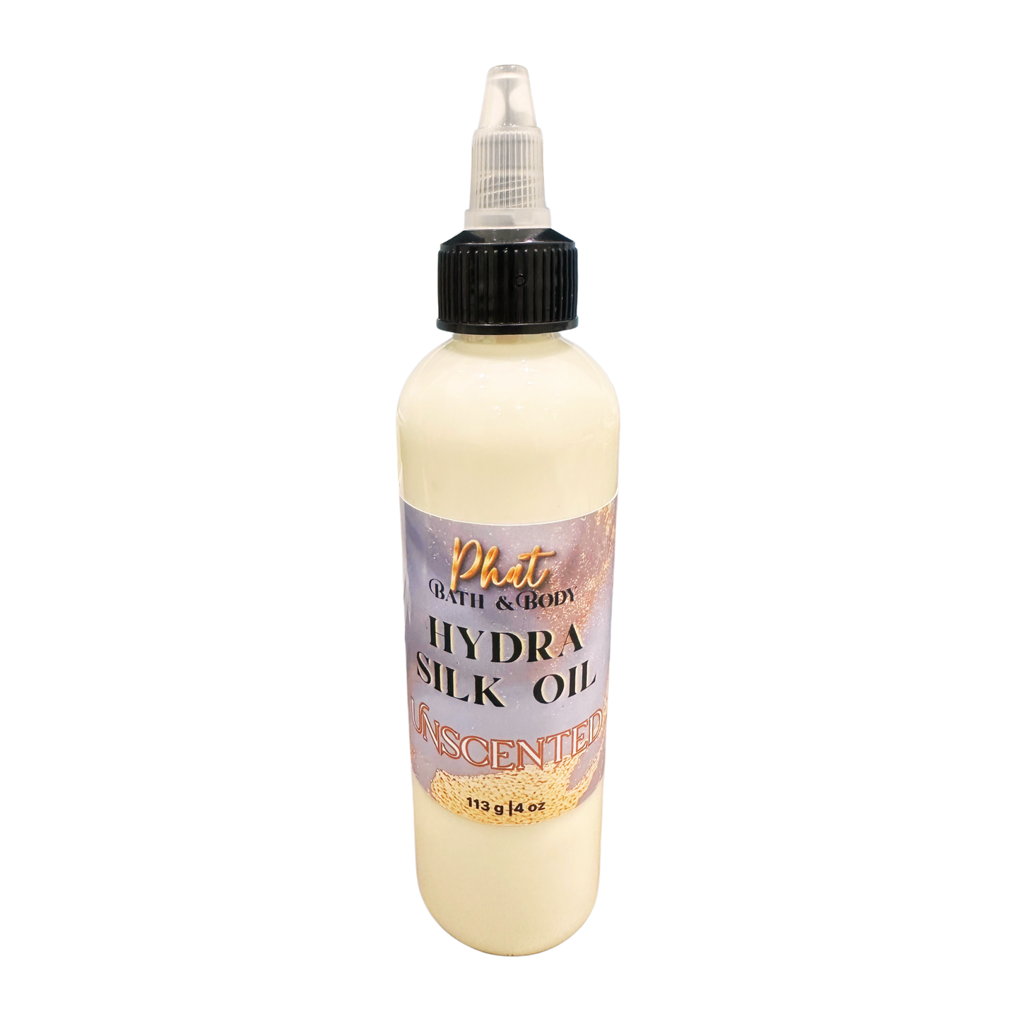 Bottle of Phat Bath & Body Hydra Silk Oil on a white background