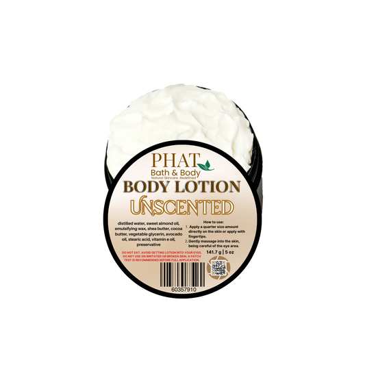 Body lotion container with 'Phat Bath & Body' label on a white background