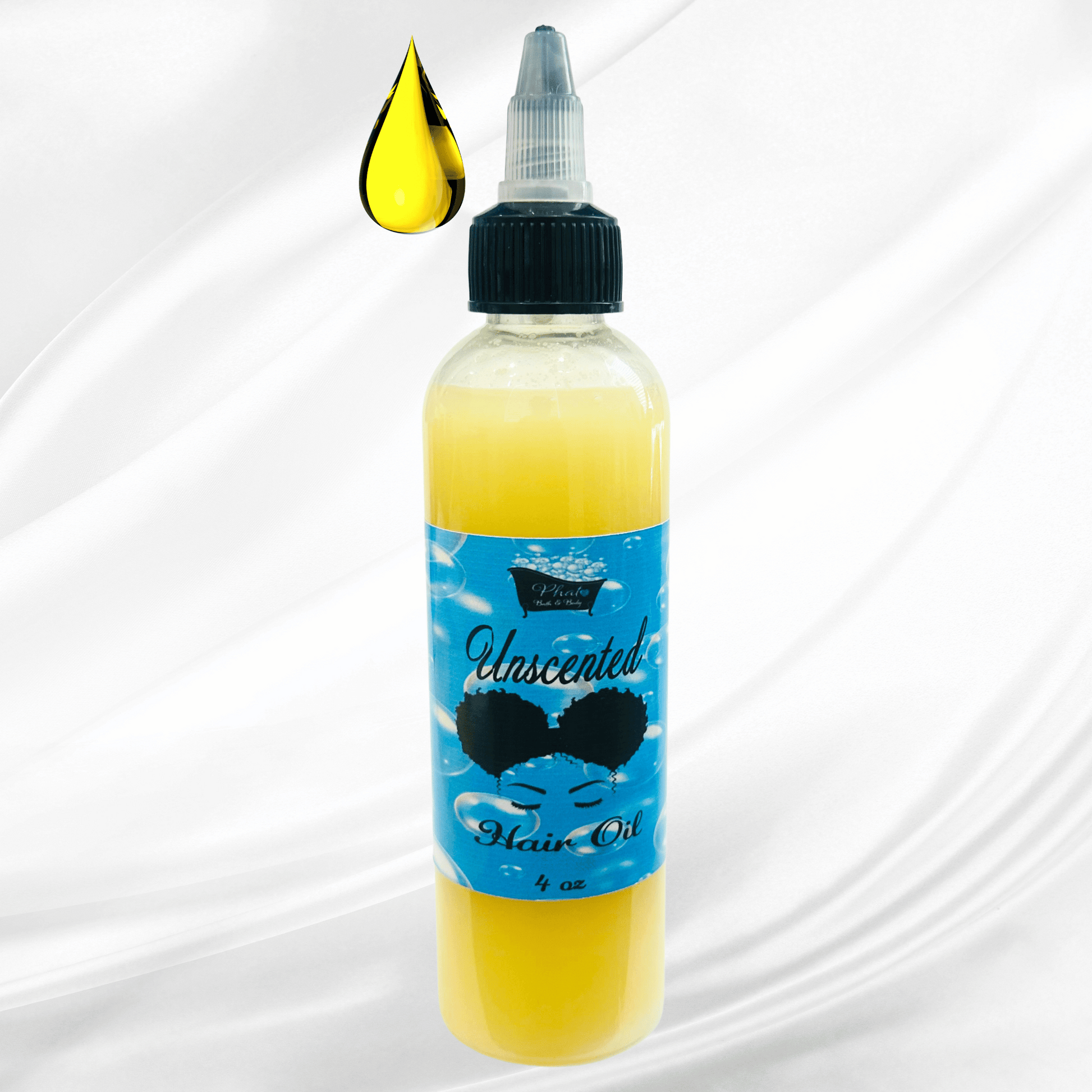 Bottle of unscented hair oil with a droplet above it on a white background