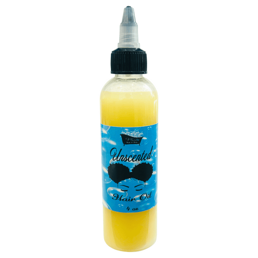 Bottle of unscented hair oil with a blue label on a white background
