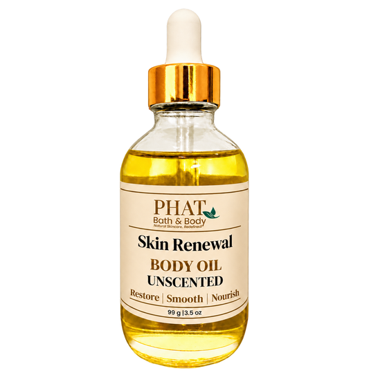 Phat Bath & Body Unscented Skin Renewal Body Oil, 3.5 oz golden body oil in a clear glass dropper bottle with a gold cap and cream label.