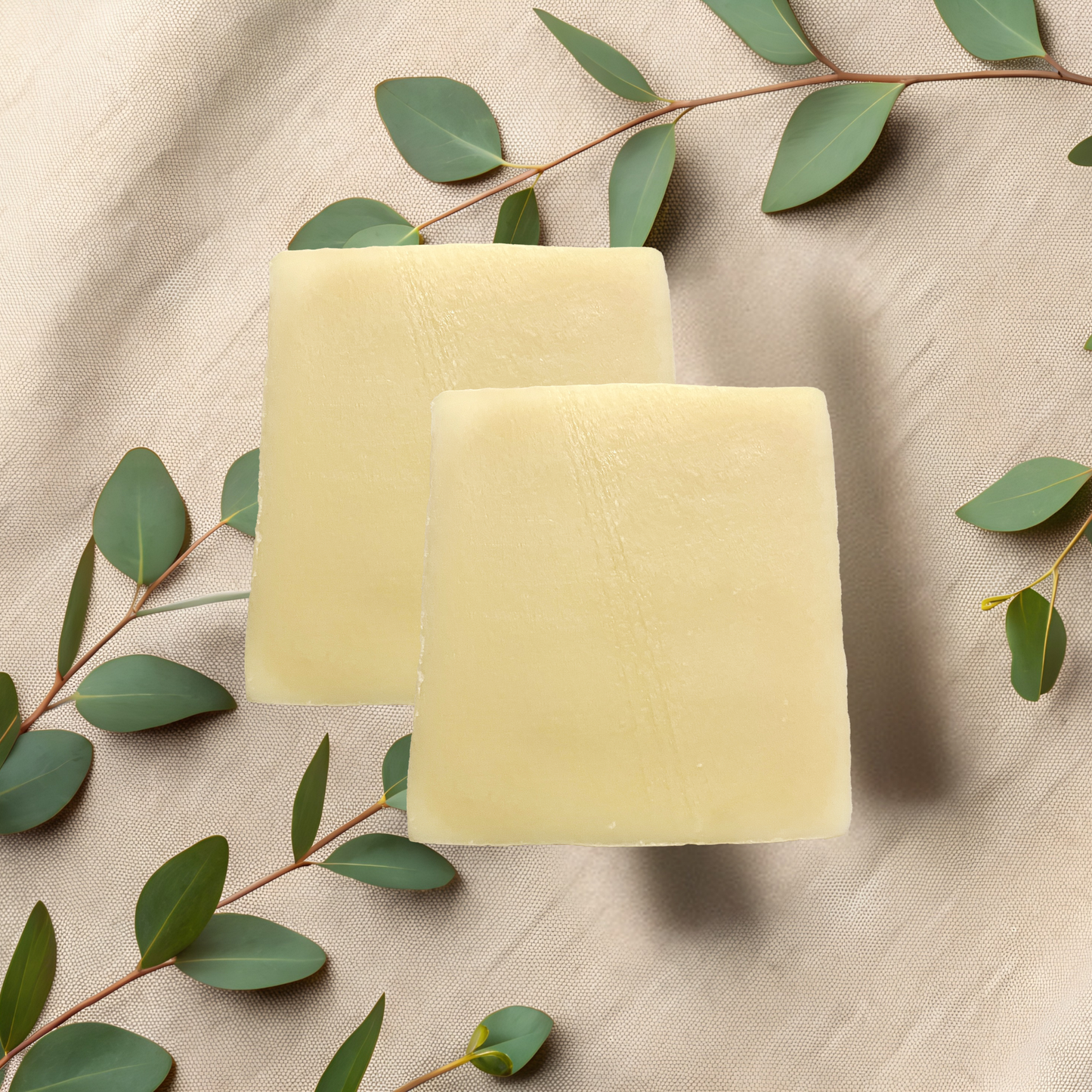 Two square bars of soap on a beige fabric background with green leaves.