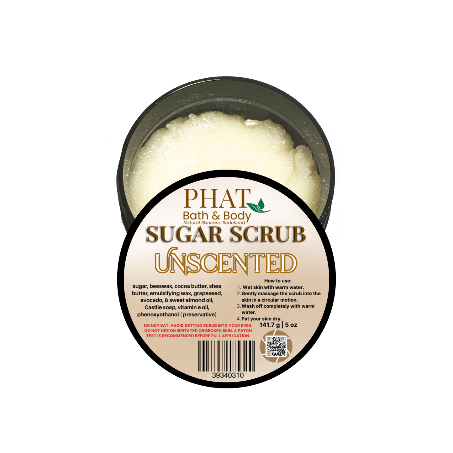 Unscented sugar scrub container with label on a white background