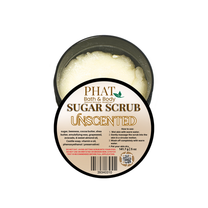 Unscented sugar scrub container with label on a white background
