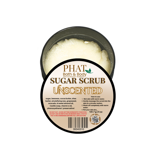 Unscented sugar scrub container with label on a white background