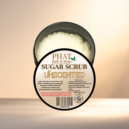 Unscented sugar scrub container with label on a beige background