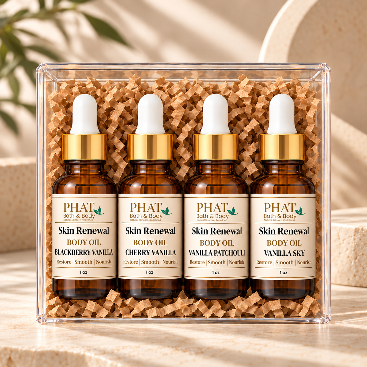 Vanilla fragrance discovery set by Phat Bath & Body featuring Blackberry Vanilla, Cherry Vanilla, Vanilla Patchouli, and Vanilla Sky. Four 1 oz Skin Renewal Body Oils offering fruity, creamy, earthy, and sophisticated vanilla fragrances.