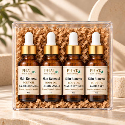Vanilla fragrance discovery set by Phat Bath & Body featuring Blackberry Vanilla, Cherry Vanilla, Vanilla Patchouli, and Vanilla Sky. Four 1 oz Skin Renewal Body Oils offering fruity, creamy, earthy, and sophisticated vanilla fragrances.