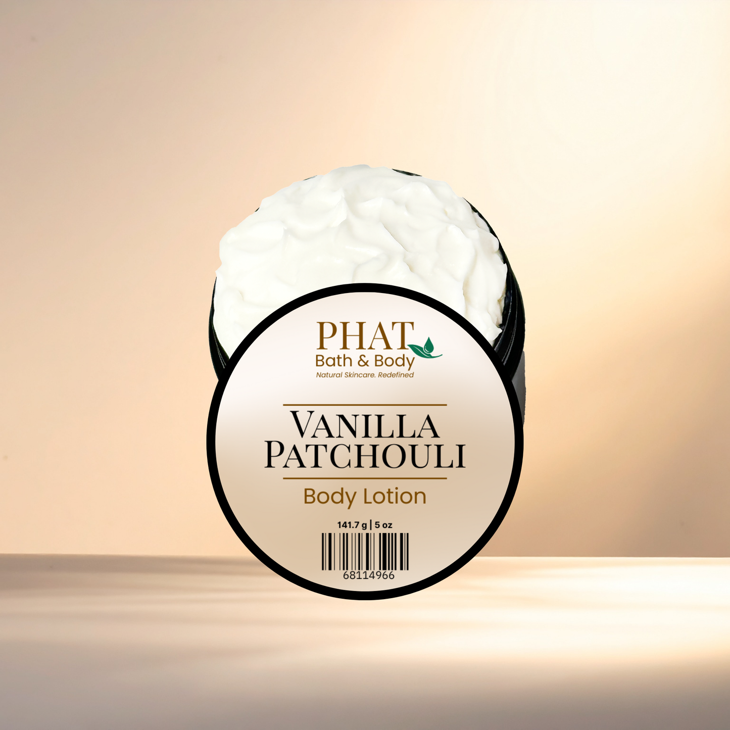Vanilla Patchouli body lotion jar with 'PHAT Bath & Body' branding on a gradient background