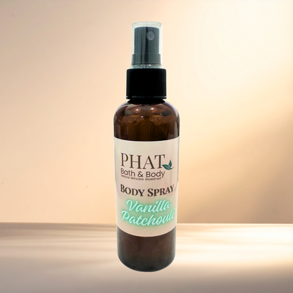 Bottle of 'Vanilla patchouli' by PHAT Bath & Body on a gradient background