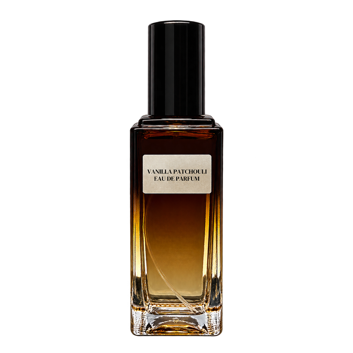 Phat Bath & Body Vanilla Patchouli Eau de Parfum in a rectangular amber-toned glass bottle with a black cap and cream-colored label, isolated on a transparent background.