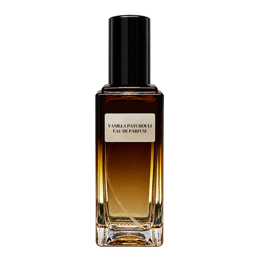 Phat Bath & Body Vanilla Patchouli Eau de Parfum in a rectangular amber-toned glass bottle with a black cap and cream-colored label, isolated on a transparent background.